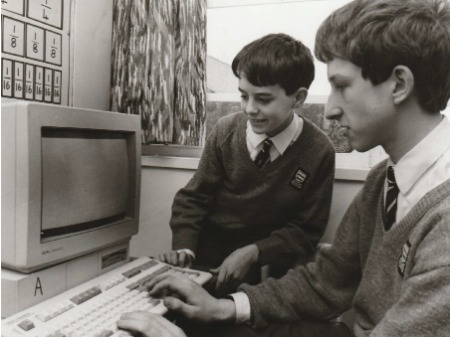 WORK: Queen Katherine School Year 9 pupils Michael Thorp (left) and Paul Crombie-Noble, both 14, each received gold awards after scoring more than 75 points in the UK Schools Maths Challenge in 1993